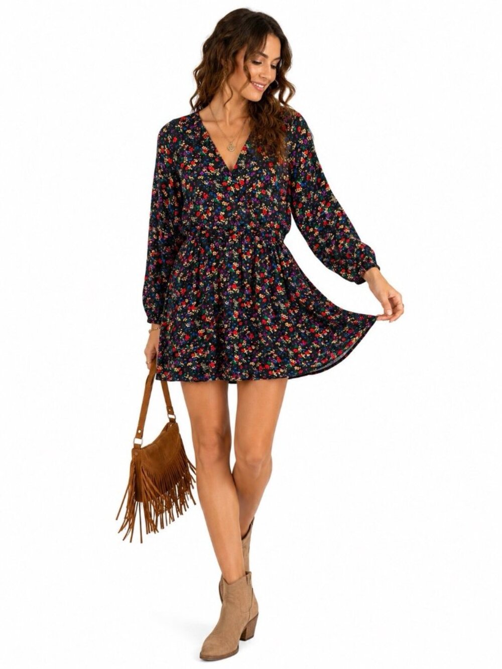 Gap Floral Wrap Mini Dress NWT Small Long Sleeve Cottagecore Prairie Black